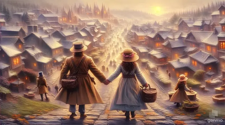 a painting of two people walking down a street