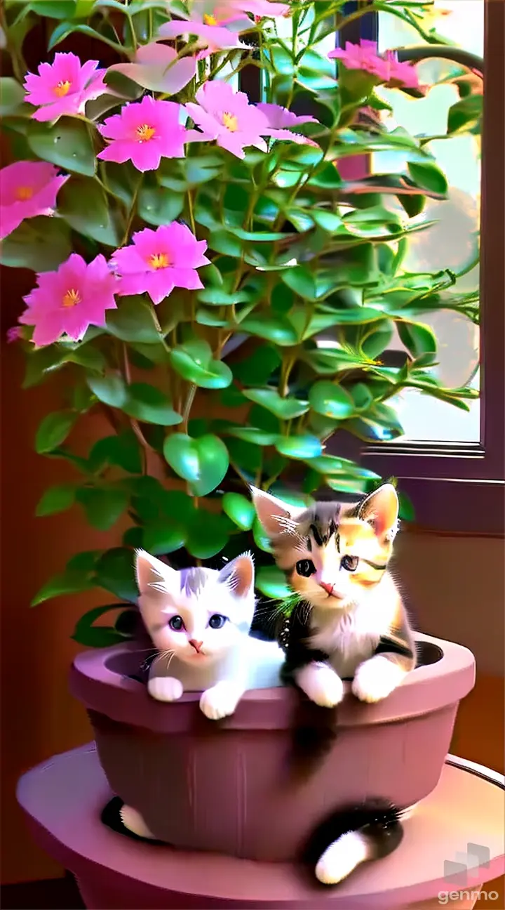 two kittens are sitting in a flower pot