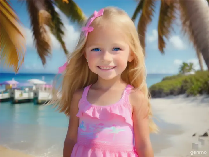 Little girl, age 7 years old, blonde, pink lipstick, smile, blue eyes, pink beach wear, beach, close up