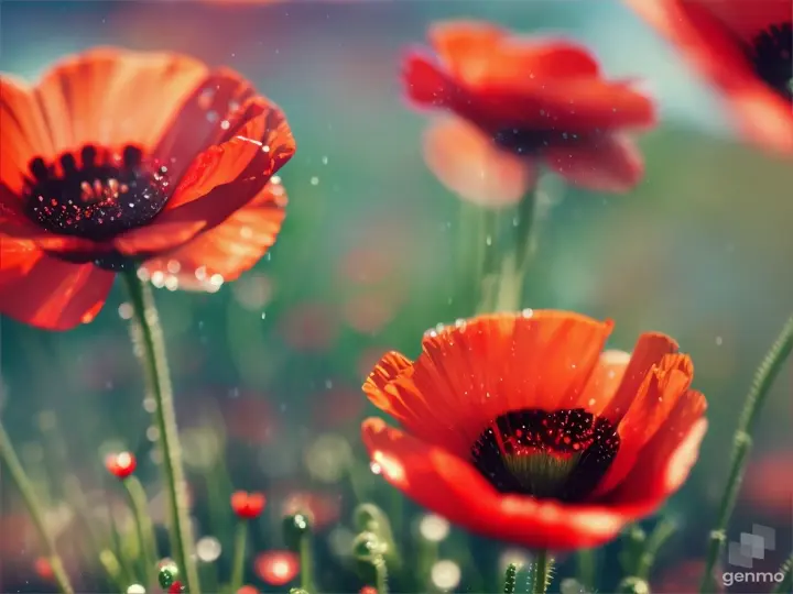 Des coquelicots macroscopiques et dessus des gouttelettes d'eau