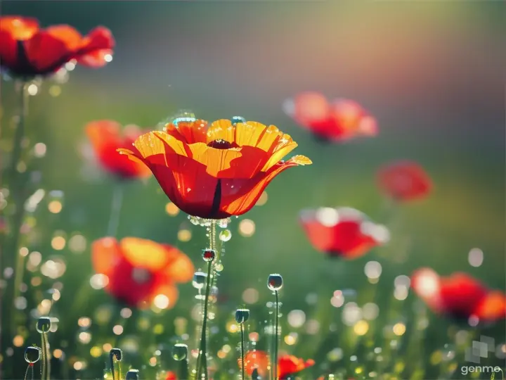 Des coquelicots macroscopiques et dessus des gouttelettes d'eau
