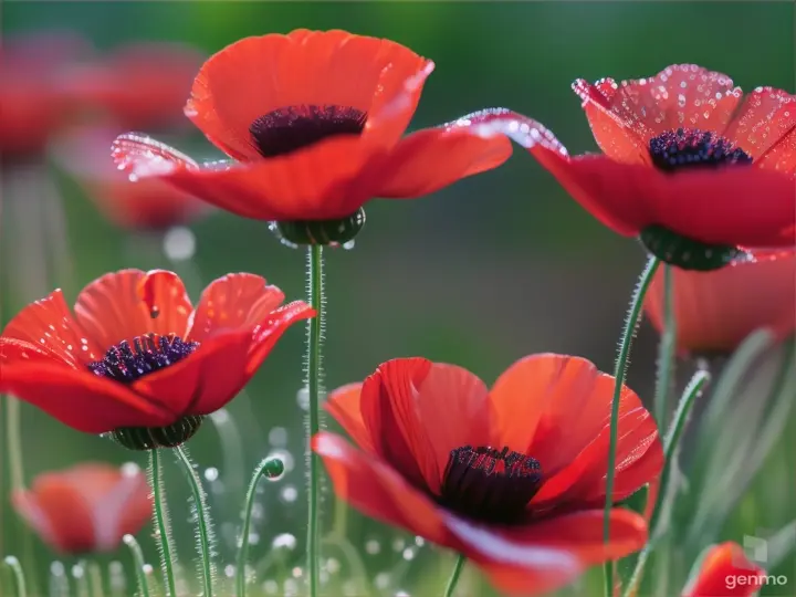 Des coquelicots macroscopiques et dessus des gouttelettes d'eau