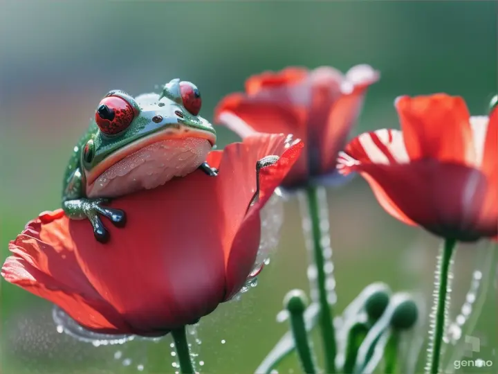 Des coquelicots macroscopiques et dessus des gouttelettes d'eau et une grenouille humaine qui sirote