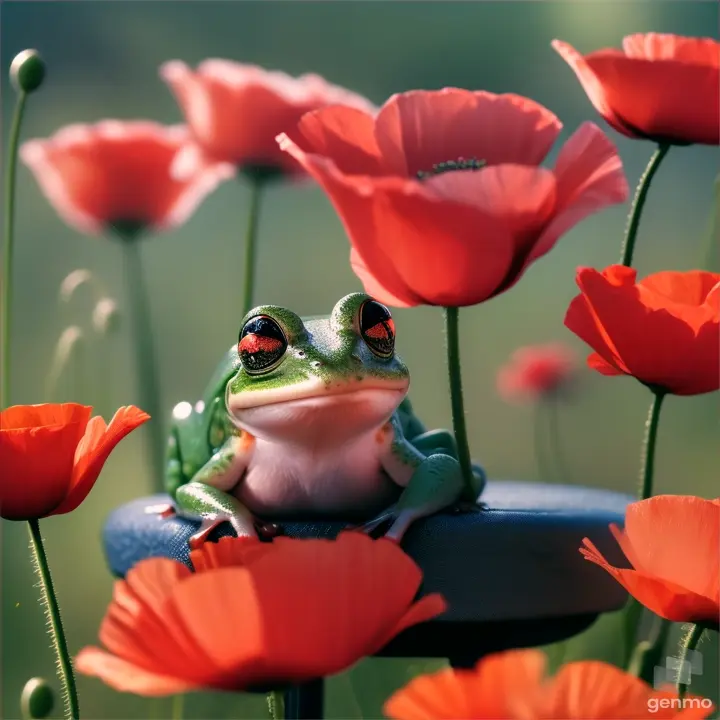Des coquelicots macroscopiques et dessus des gouttelettes d'eau et une grenouille assise sur un transat tennant un papluie