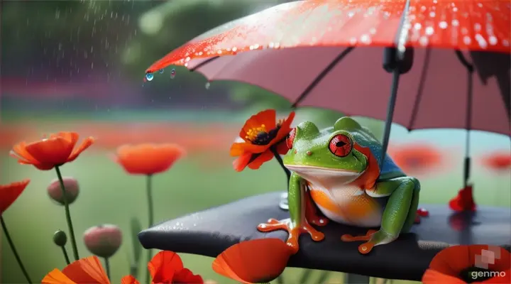 Des coquelicots macroscopiques et dessus des gouttelettes d'eau et une grenouille assise sur un transat tennant un parapluie