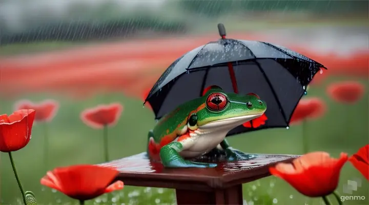 Des coquelicots macroscopiques et dessus des gouttelettes d'eau et une grenouille assise les jambes croisées sur un transat tennant un parapluie