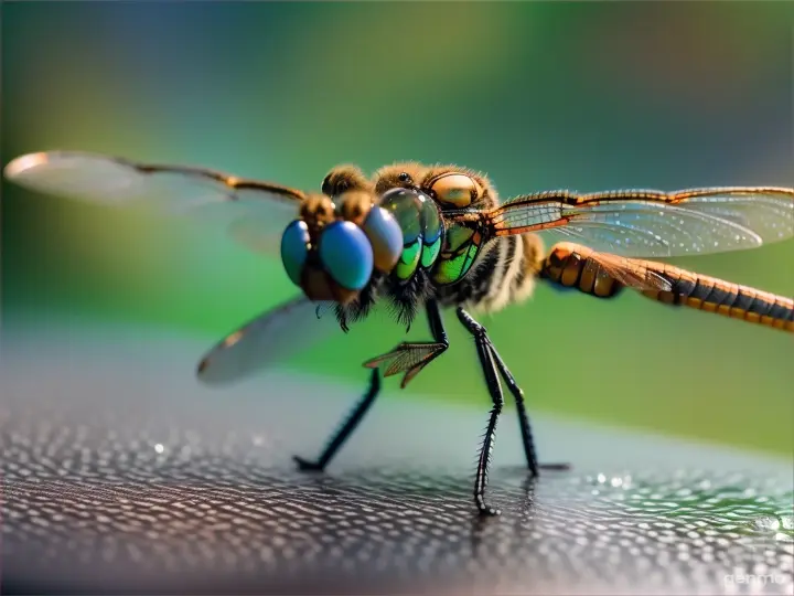 Une libellule macroscopique dans un environnement avec des gouttelettes d'eau