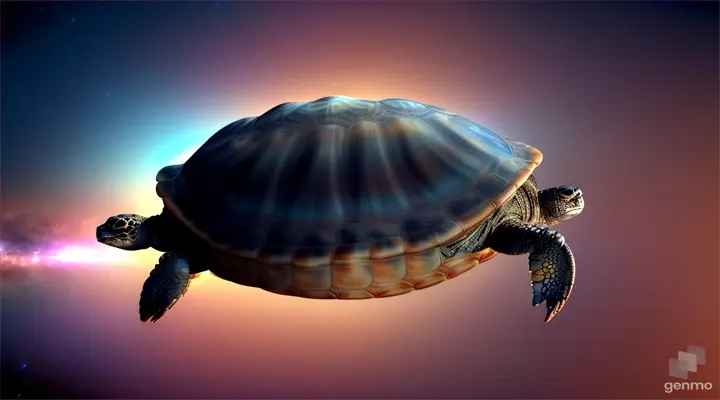A macroscopic turtle in space, with stars and planets in the background, its shell pattern resembling the Milky Way galaxy