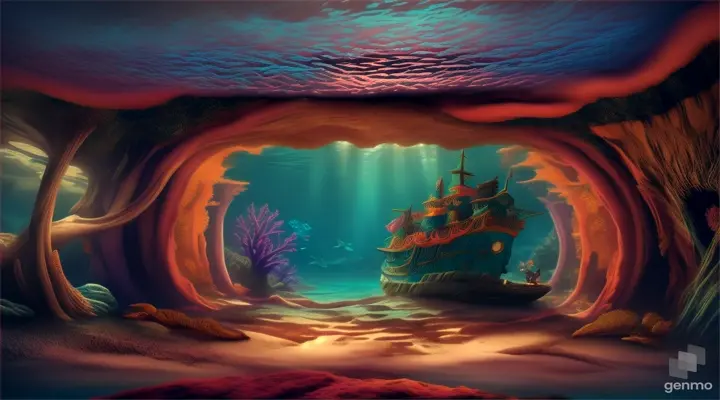 Undersea adventure with a pirate shipwreck, colorful coral and marine life, illustration