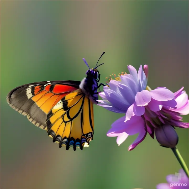 Un papillon macroscopique autours d'une fleur