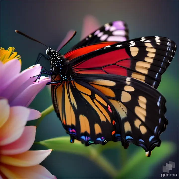 Un papillon macroscopique autours d'une fleur