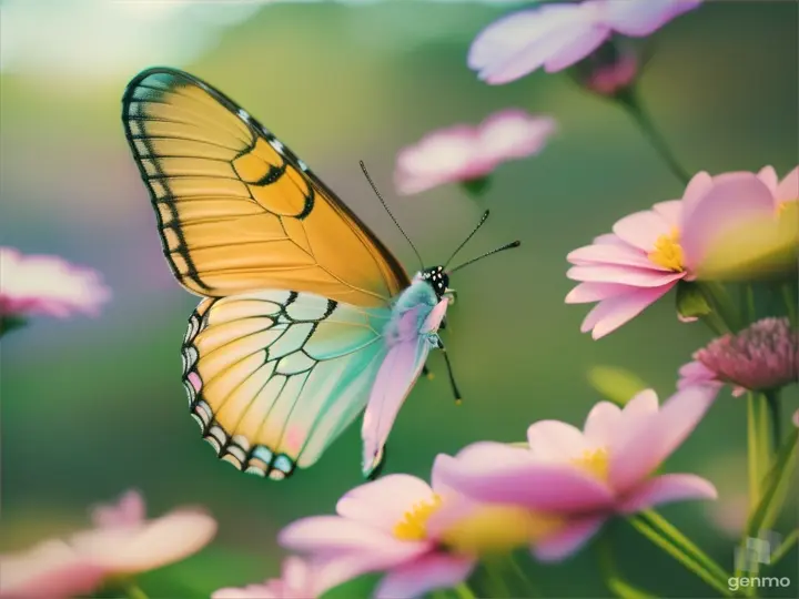 A soft, pastel butterfly perched on a colorful flower in a green garden