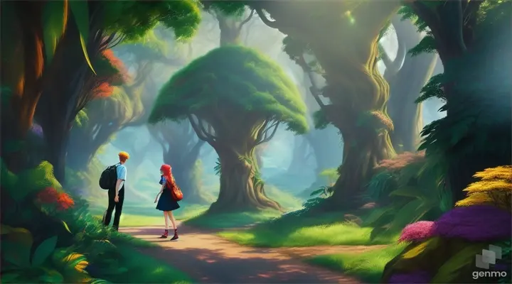 Cartoon very beautiful 22 years old boy with 20 years old girl in black magical jungle day time 