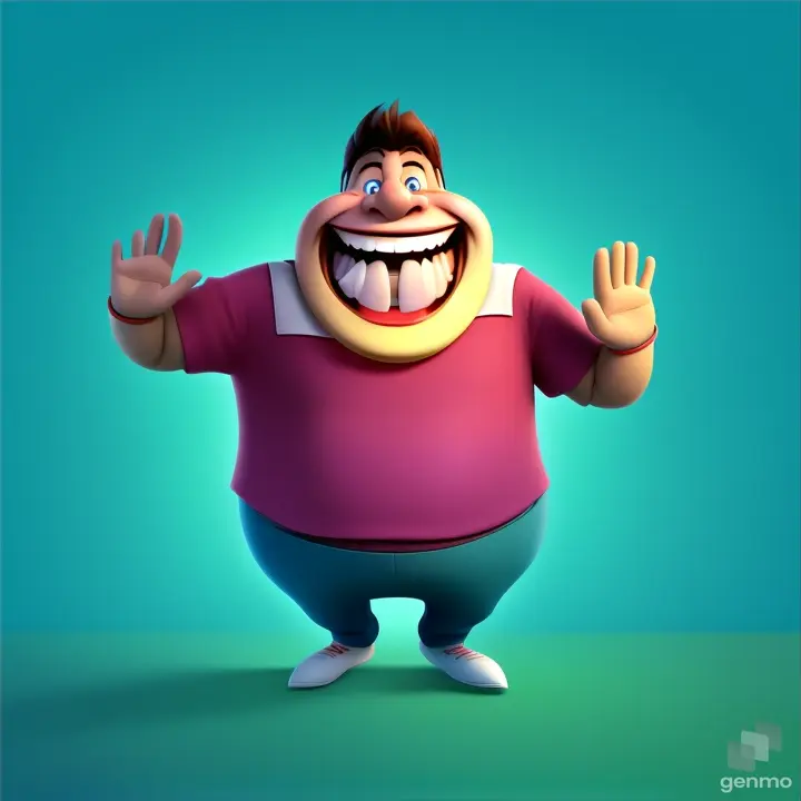 a cartoon character with a big smile on his face. opens his mouth, closes his mouth and raises his hands and lowers his hands