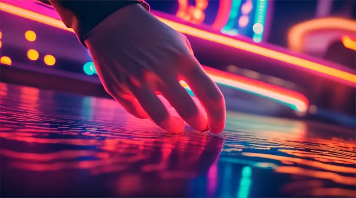 Close-up of a man's hand reaching out to touch neon lights illuminating the amusement park at night.