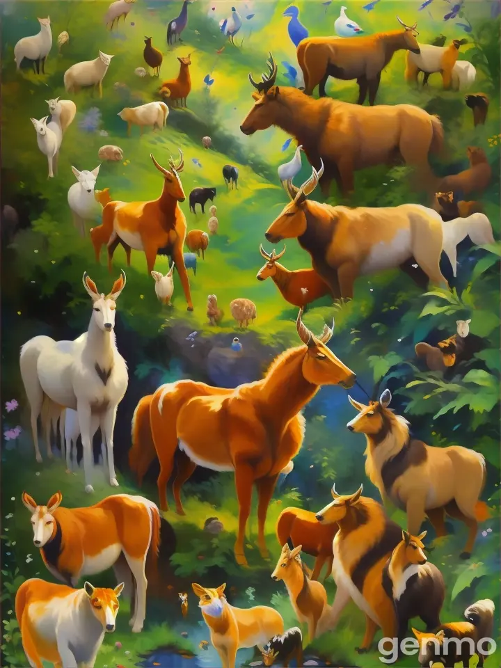 a painting of many different animals in a field