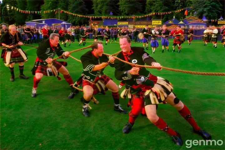 a group of men in kilts playing tug of war
