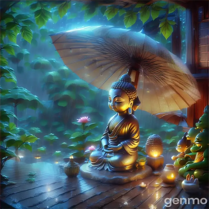 a buddha statue sitting under an umbrella in the rain