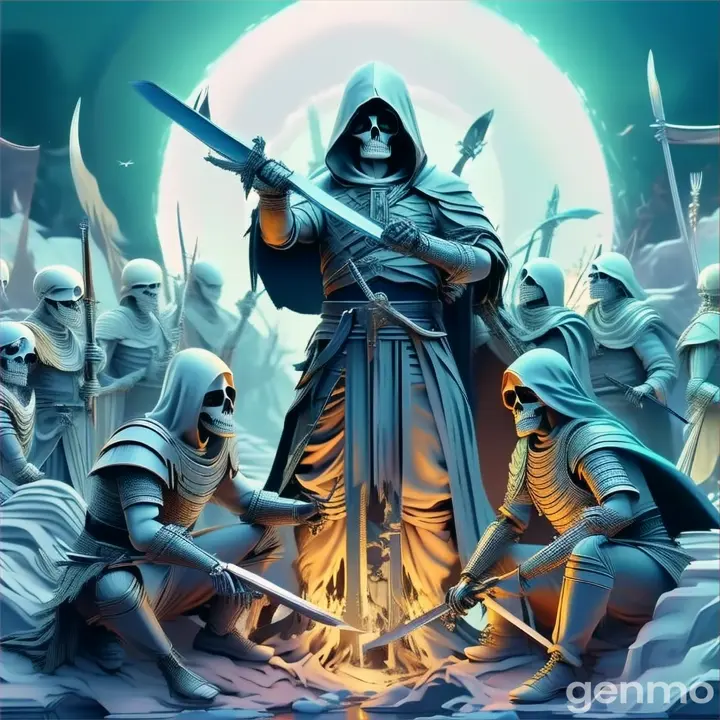 a painting of a man holding a sword in front of a group of skeletons