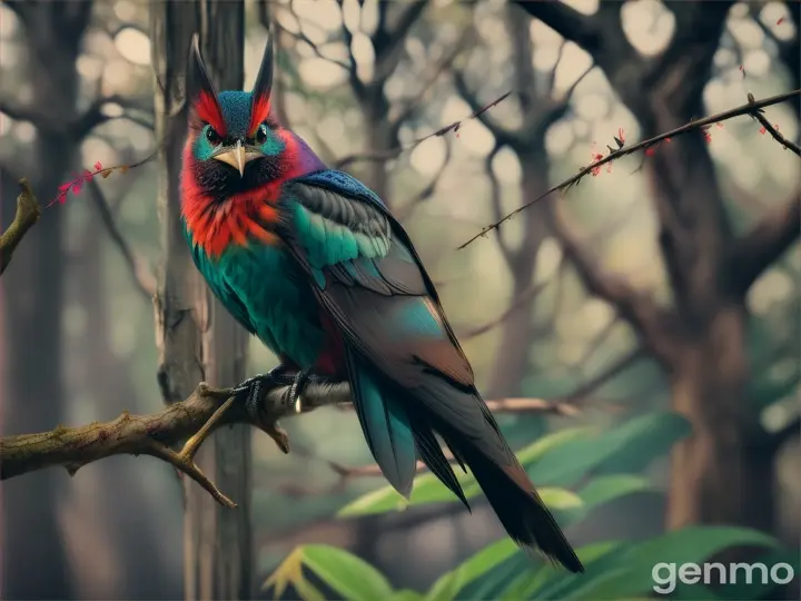 A bird with a strange-colored bat face on a branch 