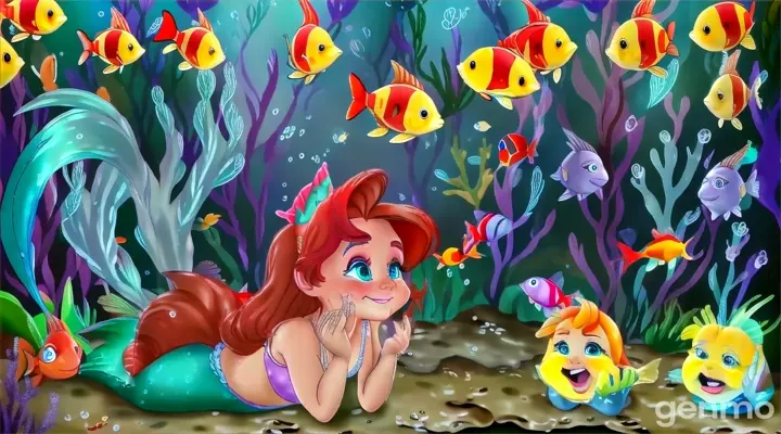 the little mermaid is looking at the fish