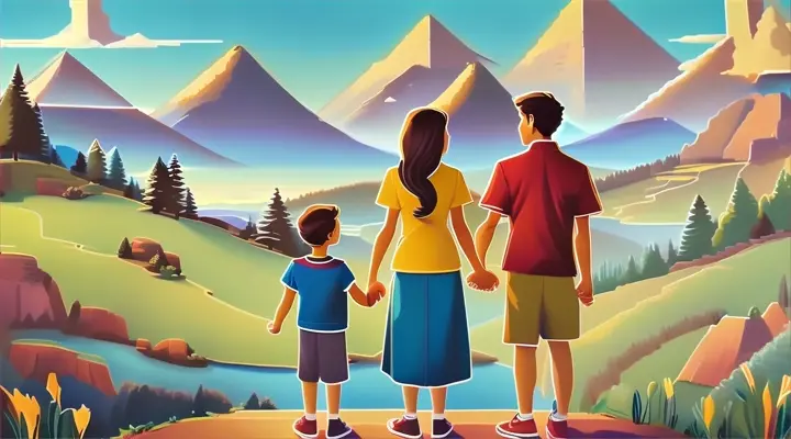 a painting of a family holding hands in front of a mountain landscape