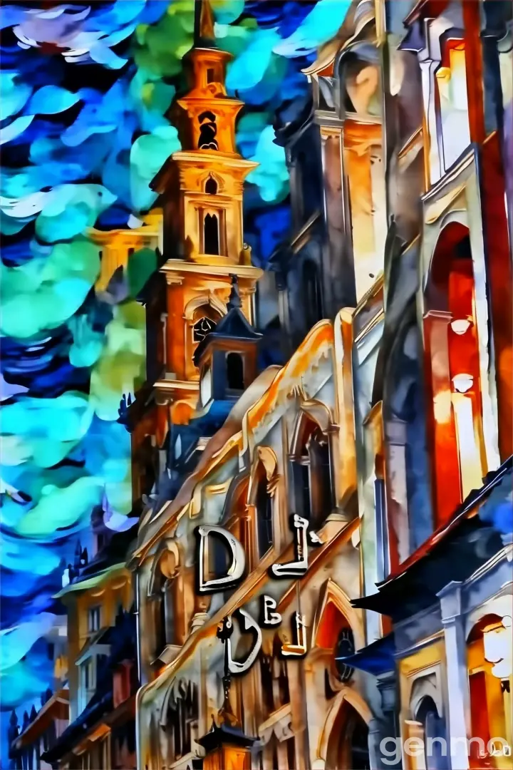 a painting of a clock tower in a city