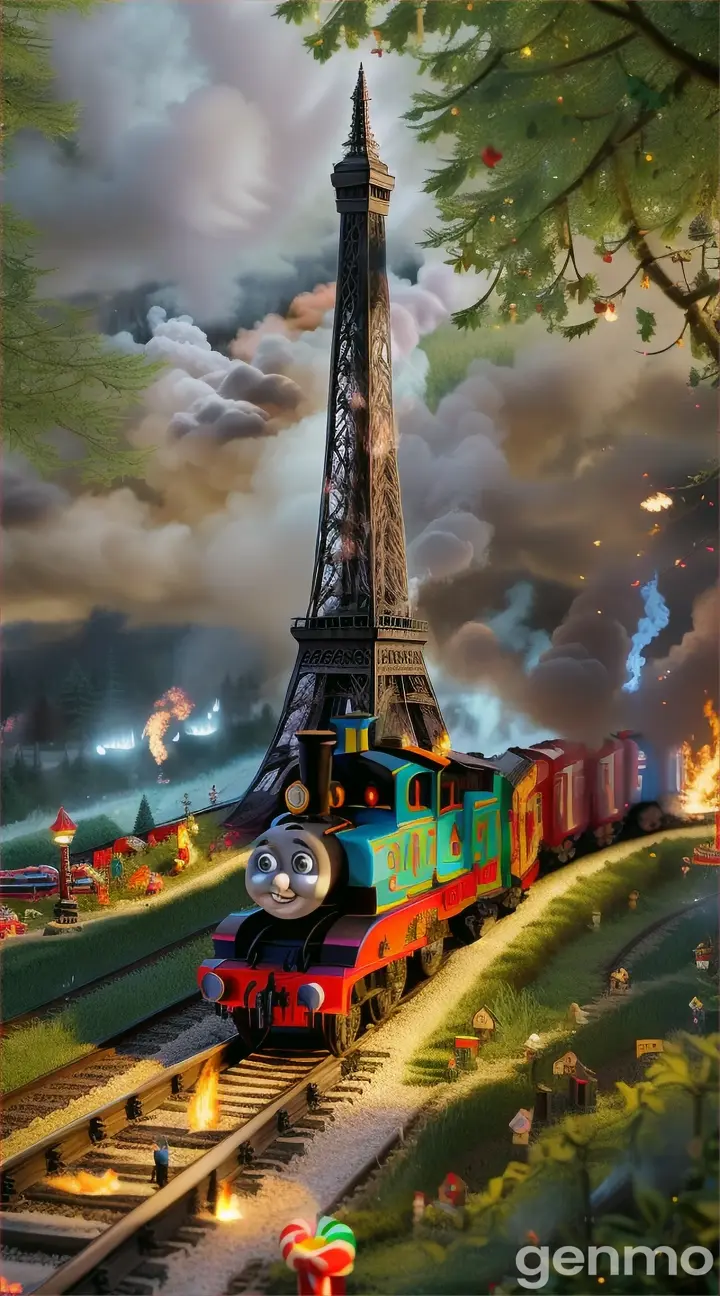 Create a THOMAS THE TRAIN with SHARP TEETH, bull HORNS,FIRE & SMOKE  near Eiffel tower in candy land forest