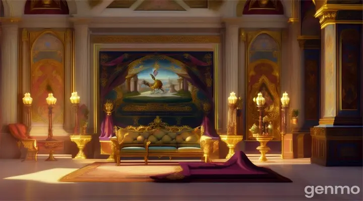 Animated scene, a rabbit hops before Elara in an ornate throne room, surrounded by knights and courtiers