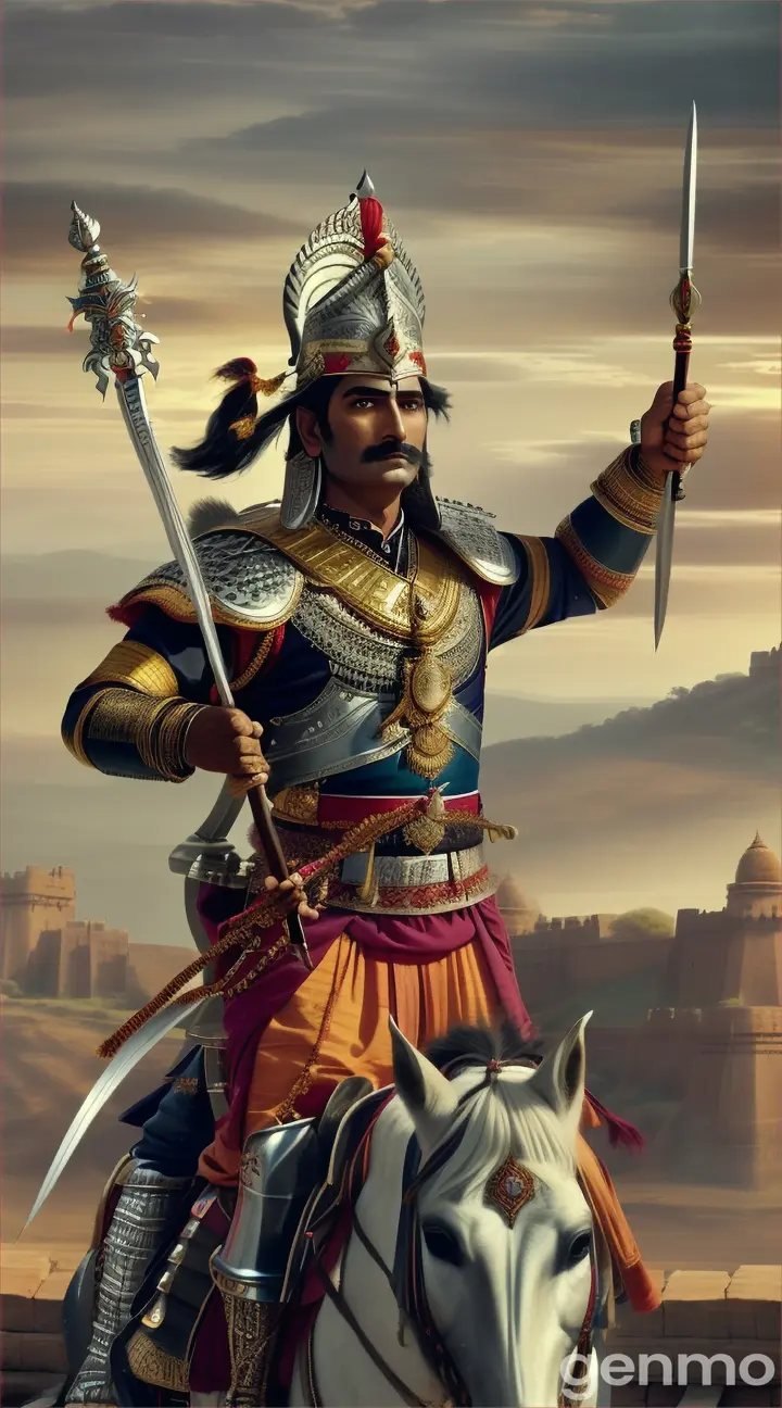 Generate an image depicting Maharana Pratap holding his iconic Bhala (spear), showcasing its weight of 21 kilograms.