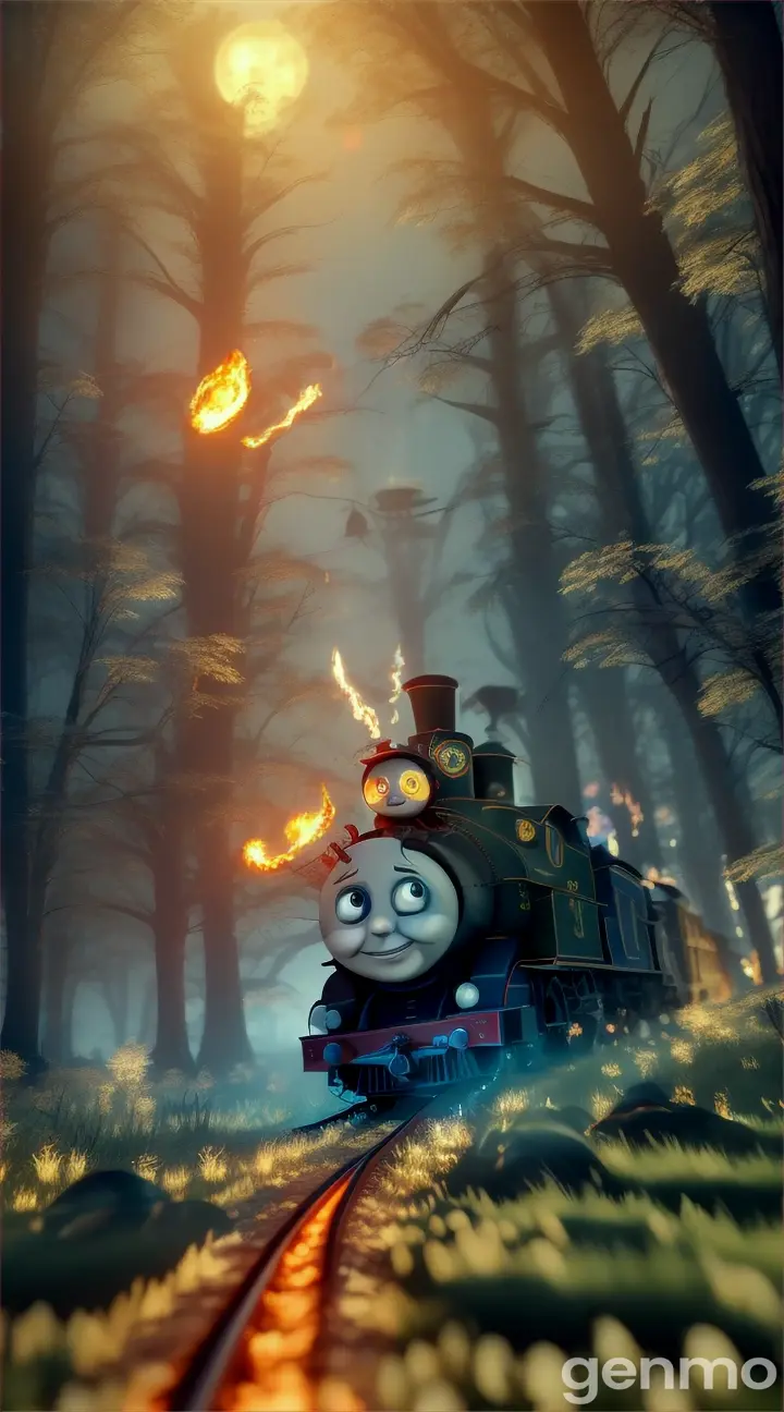 Create a masterpiece video of a Creepy Thomas the train :: 1 with GIANT SPIDER LEG :: 2 near Dead green Lake, flames, crows flying in background in candy land