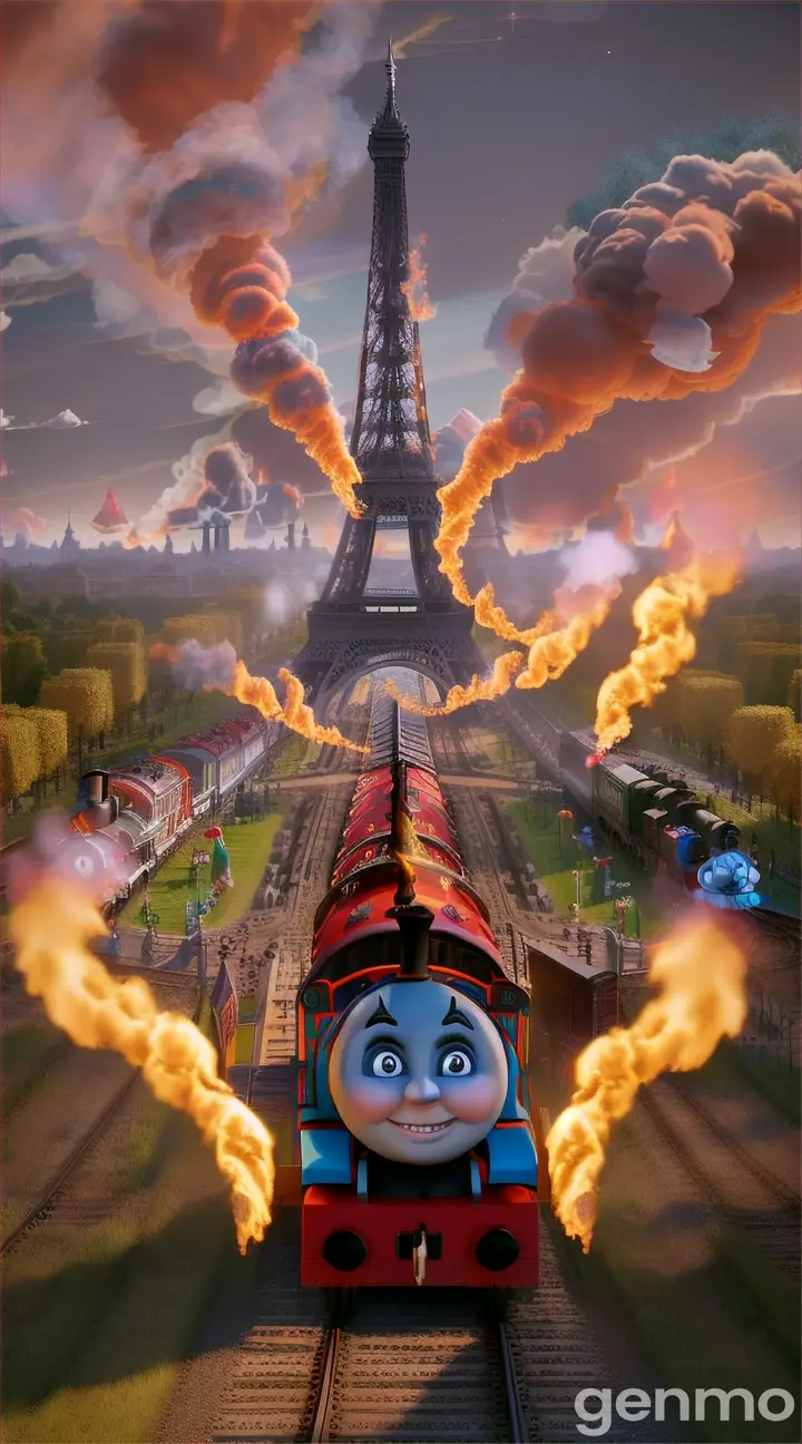 Create a THOMAS THE TRAIN with SHARP TEETH, bull HORNS,FIRE & SMOKE  near Eiffel tower in candy land forest