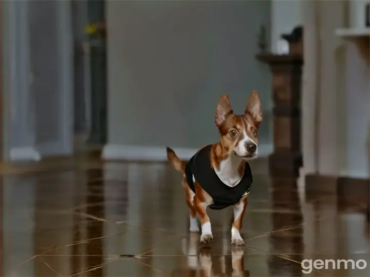 a small brown and white dog wearing a black shirt
