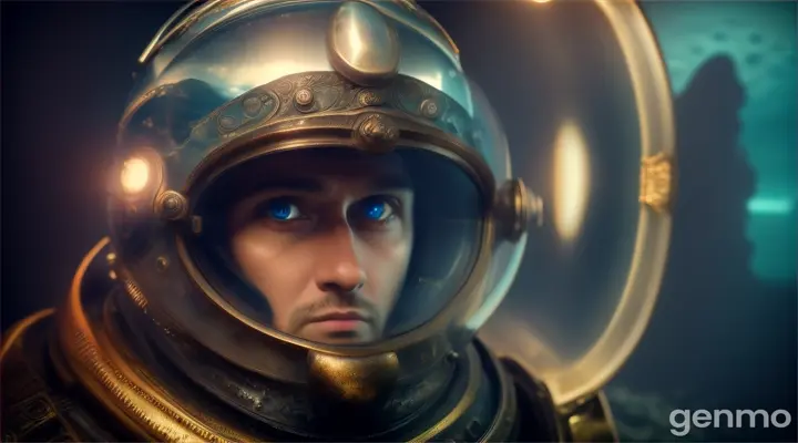 close up of a deep sea diver in a helmet, looking through the glass of his mask to see his eyes full of wonder