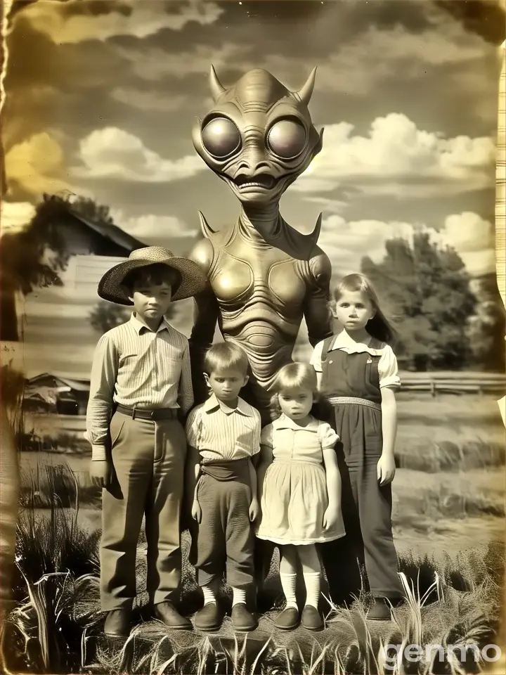 a group of children standing next to an alien