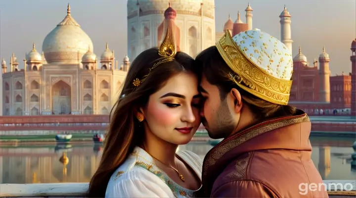 beautiful russian couple hugging, close up, open eyes, taj mahal. 16:9