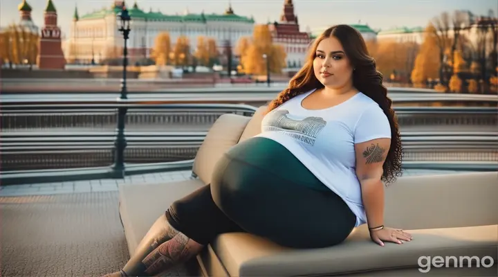 a beautiful pragnent Russian plus size woman Long hair tattoos T-Shirt & Leggings sitting couch Kremlin Moscow street 