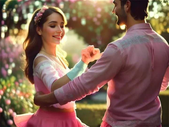 A girl in pink trousers and a Spanish man dancing in garden