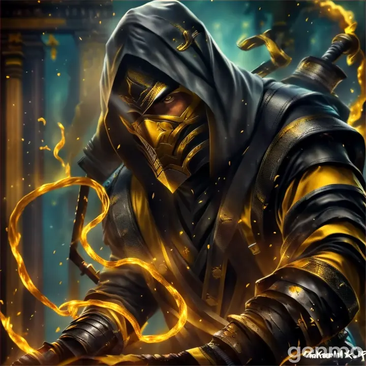a man in a yellow and black outfit holding a sword