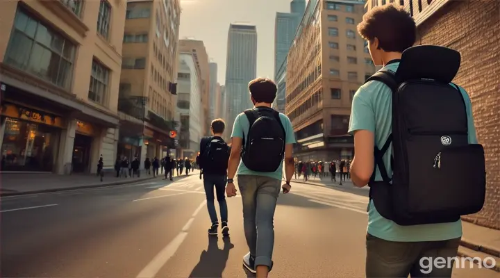 city scene, a young man with a backpack wearing a t-shirt carriying a guitar case in his hand walks in the middle of the crowded street, the camera follows him from behind, High contrast lighting , Epic , Rich, earthy panavision camera colors, 16mm film, in the style of studio ghibli --style raw --ar 16:9
