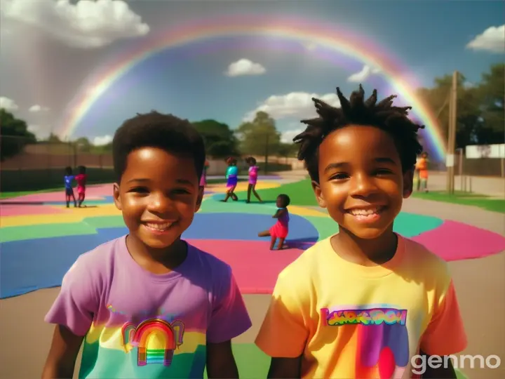 Black kids play by the rainbow