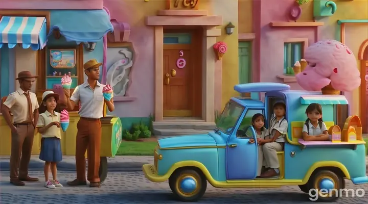 a man and a little girl standing in front of a ice cream truck