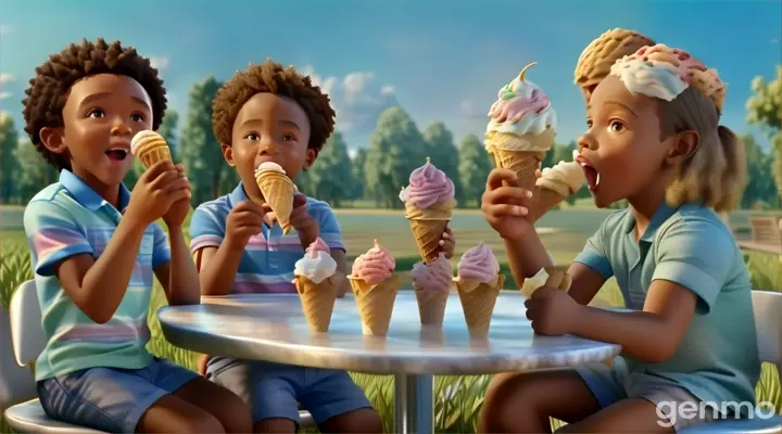 three children sitting at a table eating ice cream cones