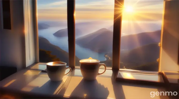 the morning is beautiful, the sun rises, the view is beautiful over the sea from the mountain window, a cup of coffee on the table the morning is beautiful, the sun rises, the view over the sea from the mountain window is beautiful, a cup of coffee on the table is fragrant