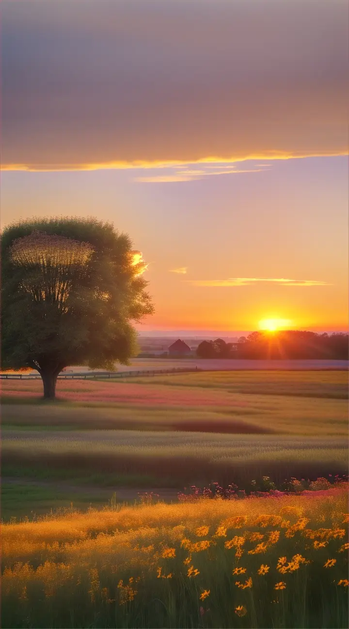 A serene, idyllic image of a picturesque countryside, with a gentle, golden sun setting on the horizon. The sky is a blend of warm oranges, yellows, and pinks, reflecting the peacefulness of the moment. In the foreground, there's a small, rustic wooden bench, and a simple, yet beautiful bouquet of wildflowers on the bench. The overall ambiance is one of tranquility and contentment, inviting the viewer to take a moment to relax and appreciate the simple beauty of life.



