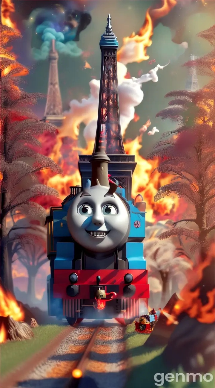 Create a THOMAS THE TRAIN with SHARP TEETH, bull HORNS,FIRE & SMOKE  near Eiffel tower in candy land forest