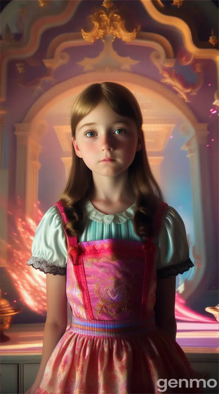 12 year old Alice standing in surreal, otherworldly light with her family in a hyper real domestic scene. hyper real --q 2 --v 5.2 --ar 9:16