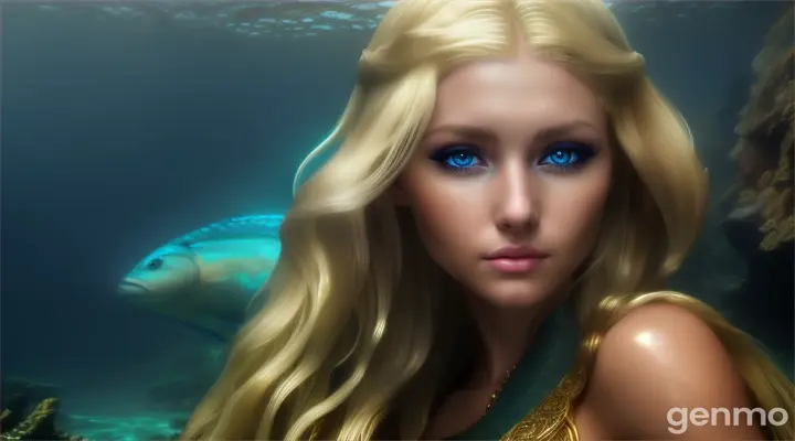 (masterpiece, best quality), close up, A beautiful blonde mermaid with piercing eyes glancing down towards the ground, in the ruins of Atlantis. a dark and moody atmosphere deep depths of the ocean, sea floor, ground, water motion,