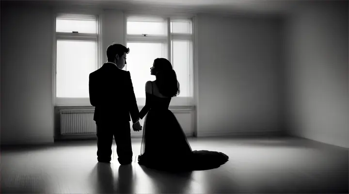 a sad silhouette of a man and a woman leaning their backs against each other in an empty apartment