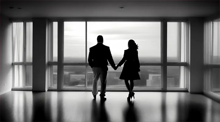 a sad silhouette of a man and a woman leaning their backs against each other in an empty apartment